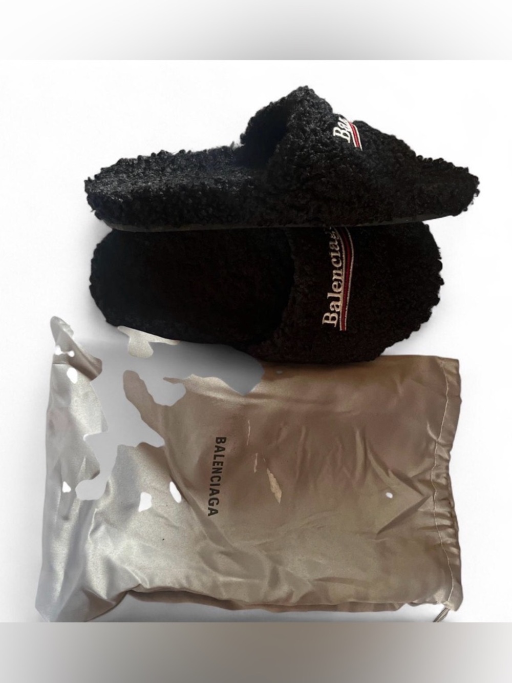 Balenciaga Black Fuzzy Logo Slide Slippers with Dust Bag - Picture 2 of 5